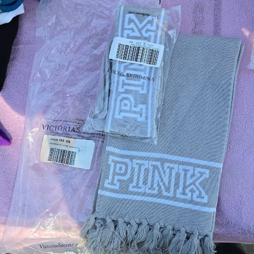 Victoria's Secret Light Gray Scarf with Pink Lettering
